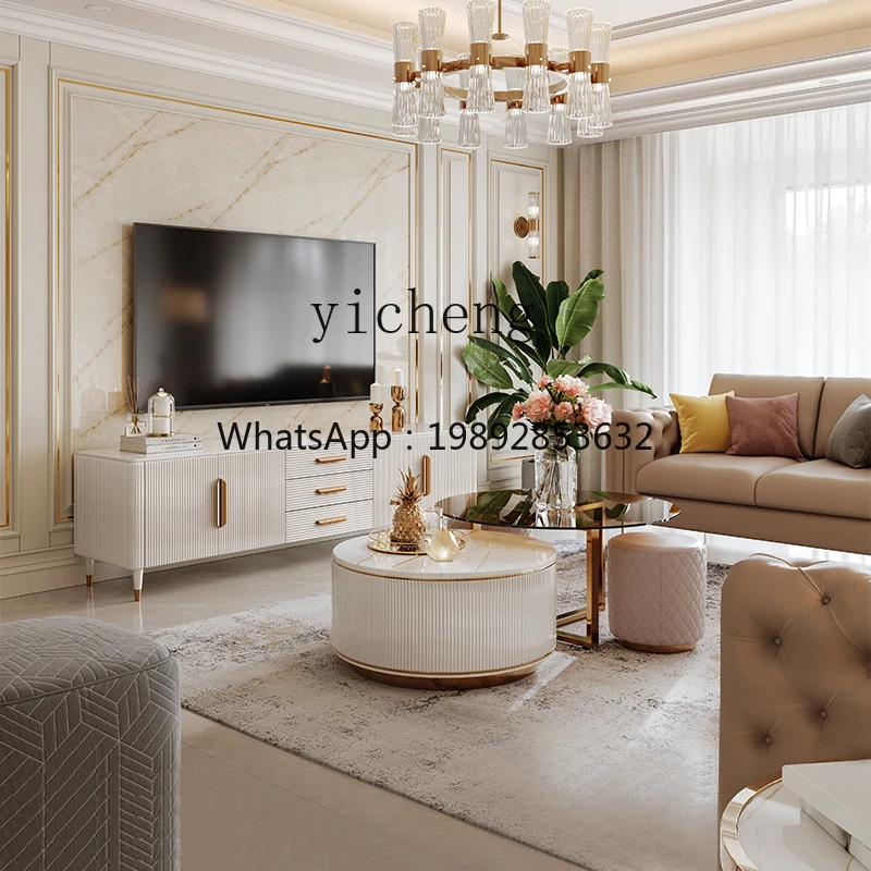 Stone Plate Coffee Table TV Cabinet Combination Modern Minimalist Living Room Small Apartment White Minimalist TV Stand