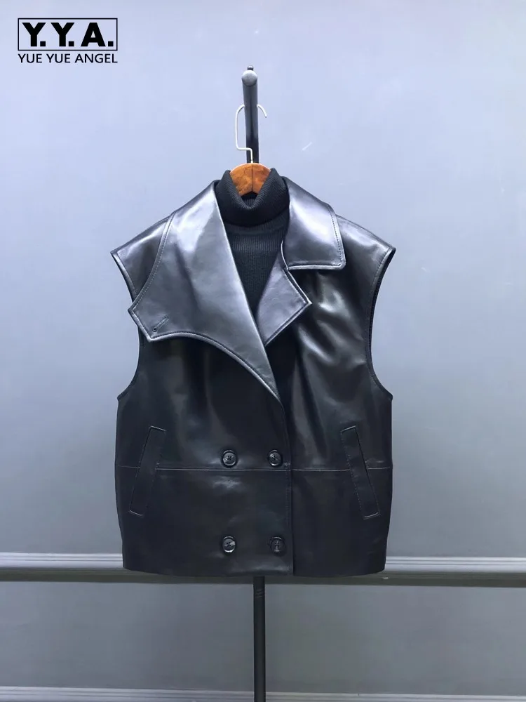 

New Genuine Leather Womens Vest Suit Collar Sleeveless Jacket Double Breasted Real Sheepskin Tank Top Casual Loose Waistcoat