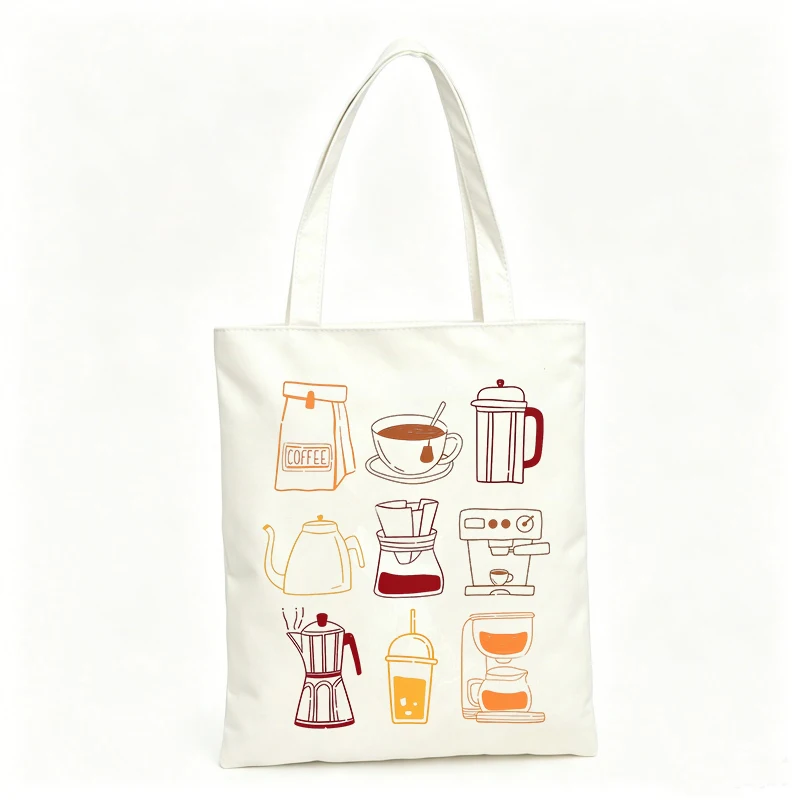 Women's coffee equipment graphic canvas tote bag, casual style for daily shopping and coffee runs