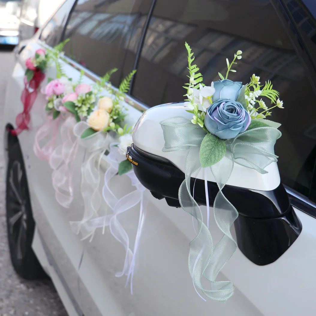 

YeeNanee 6pcs Just Married Car Door Handle Flowers Aftificial Roses with Greenery Ribbon for Wedding Car Rearview Mirrors Decor