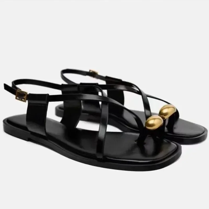 Sexy Thin Straps Flat Sandals Women 2025 Summer Footwear Chic Metal Square Toe Soft Leather Beach Traf Shoes for Lady Wholesale