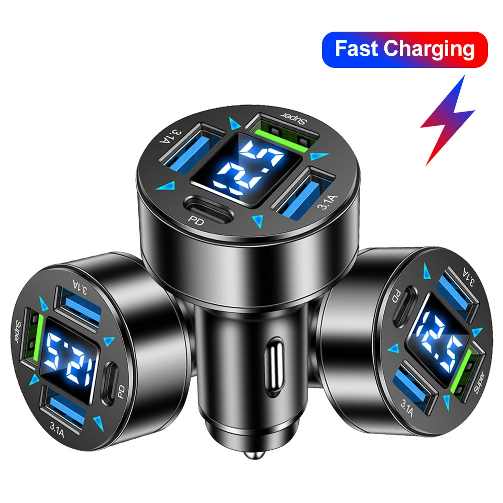 USB Car Charger 4 Ports Fast Charging PD Quick Charge 3.0 USB C Car Phone Charger Adapter For iPhone 13 12 Xiaomi Samsung