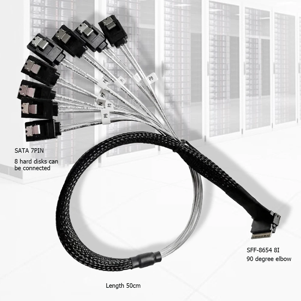 Slim Line SAS4.0 SFF-8654 8i to SATA 8 Ports Adapter Target Hard Disk 12Gbps 50cm Computer Server Adapter Cable
