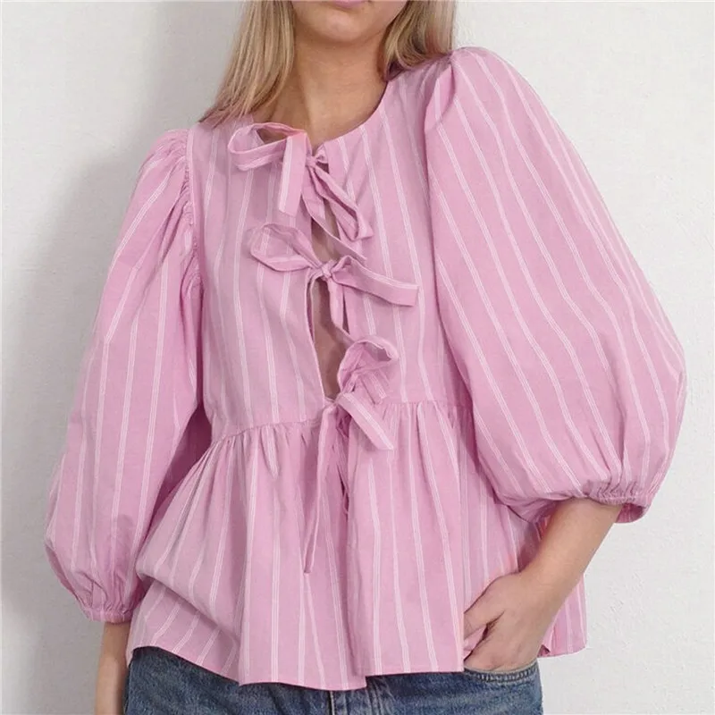 Women Tie Front Tops Striped Print Peplum Babydoll Blouse 3/4 Puff Sleeve Round Neck Lace Up Shirt Spring Summer Casual Blouse