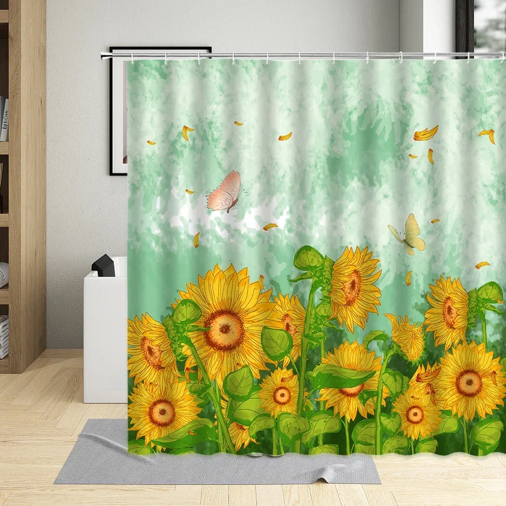 Rural Pastoral Sunflower Windmill Scenery Shower Curtain Butterfly Bird Tree Oil Painting Illustration Bathroom Bathtub Deco Set