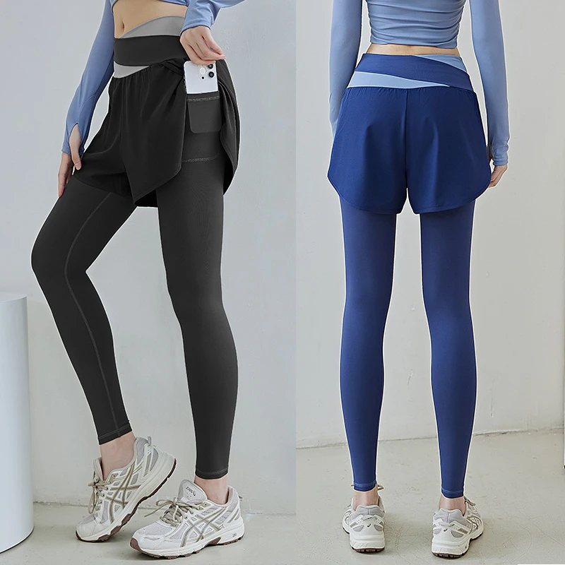 High Stretch Leggings Quick Dry Pants Sports Fitness Pants Women Fake Two Anti-slip Yoga Pants High Waisted Gauze Pocket Pants