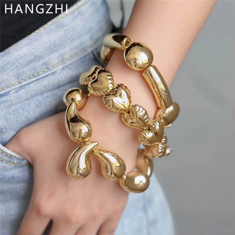 HangZhi Punk Metal Chunky Water Droplet Balloon Heart Elastic Bracelet for Women Men Hip-hop Trendy Geometric Bangle Jewelry