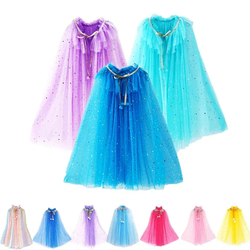 

Girl Princess Party Accessories Cloak Elsa Costume Cape Rapunzel Aurora Sequins Tulle Halloween Mantle