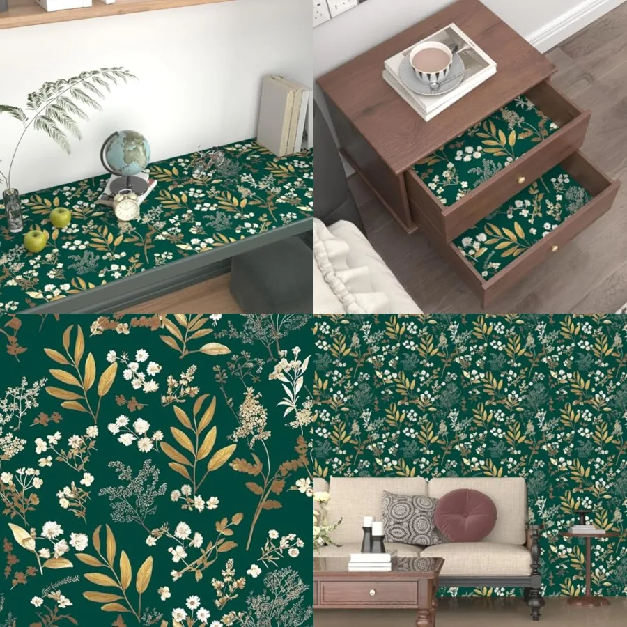 

Dark Green Floral Wallpaper Peel and Stick Green Golden Leaf Wallpaper Vintage Floral Contact Paper Waterproof Self Adhesive Bo