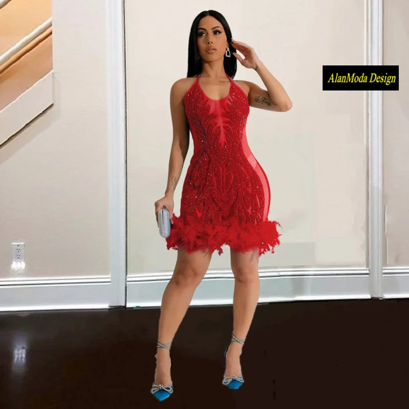 Sexy Orange Cocktail Dresses For Women Sequin Feathrs Halter Short Prom Gowns Backless Mini Birthday Party Outfits