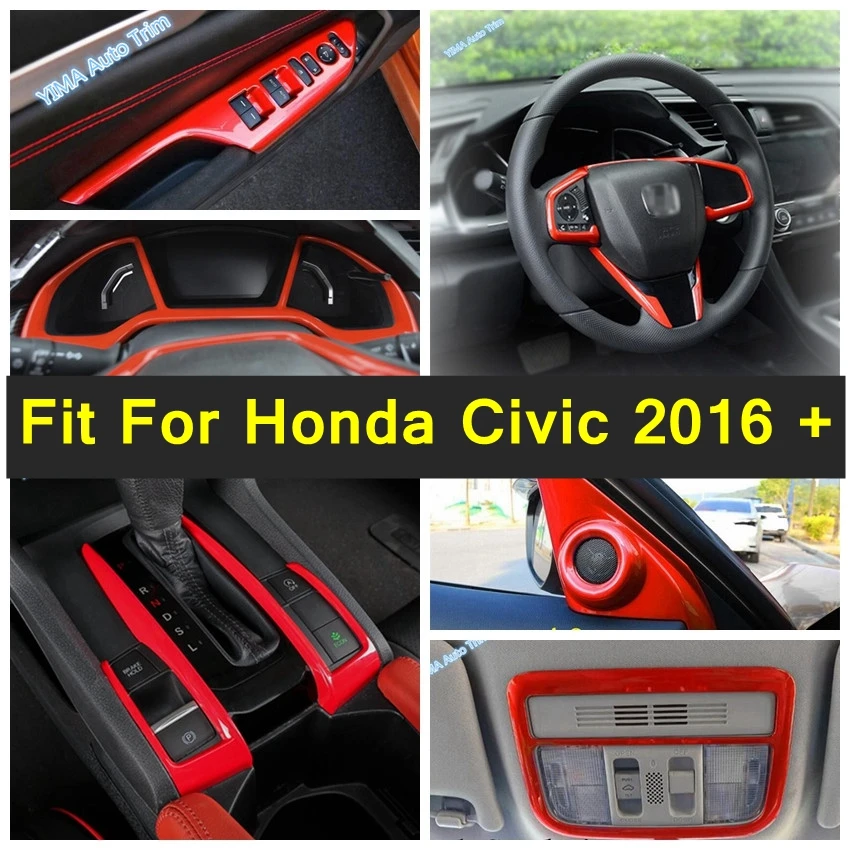 

Red Car Steering Wheel / Reading Lights Lamp / Window Lift Button Decor Frame Accessories Cover Trim For Honda Civic 2016 - 2020