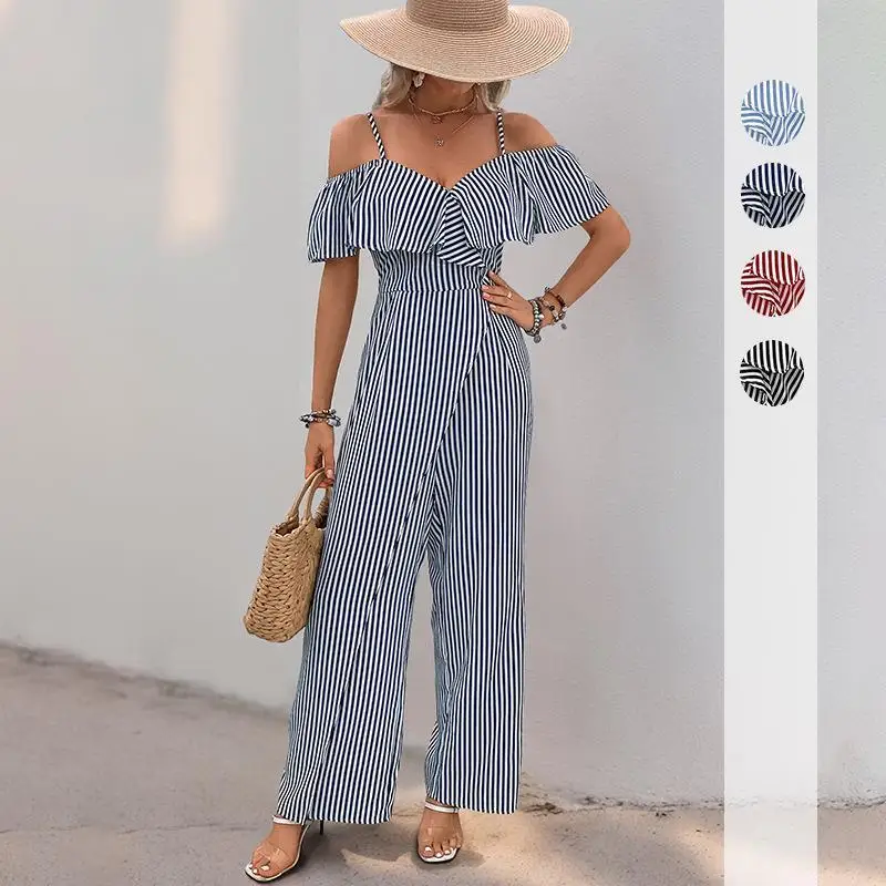 2025 Nuovi pantaloni interi per le vacanze per il tempo libero con cinturino oulder-baring Pantaloni lunghi a gamba larga a righe verticali Materiale PU ultrasottile