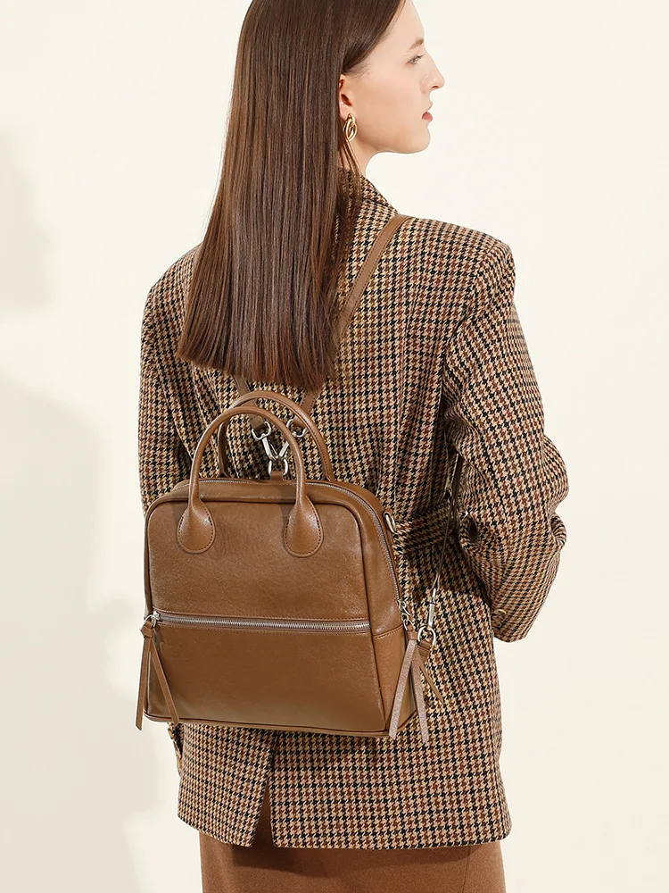 100% mochilas femininas de couro genuíno moda menina sacos escolares retro saco de viagem senhoras estilingue sacos