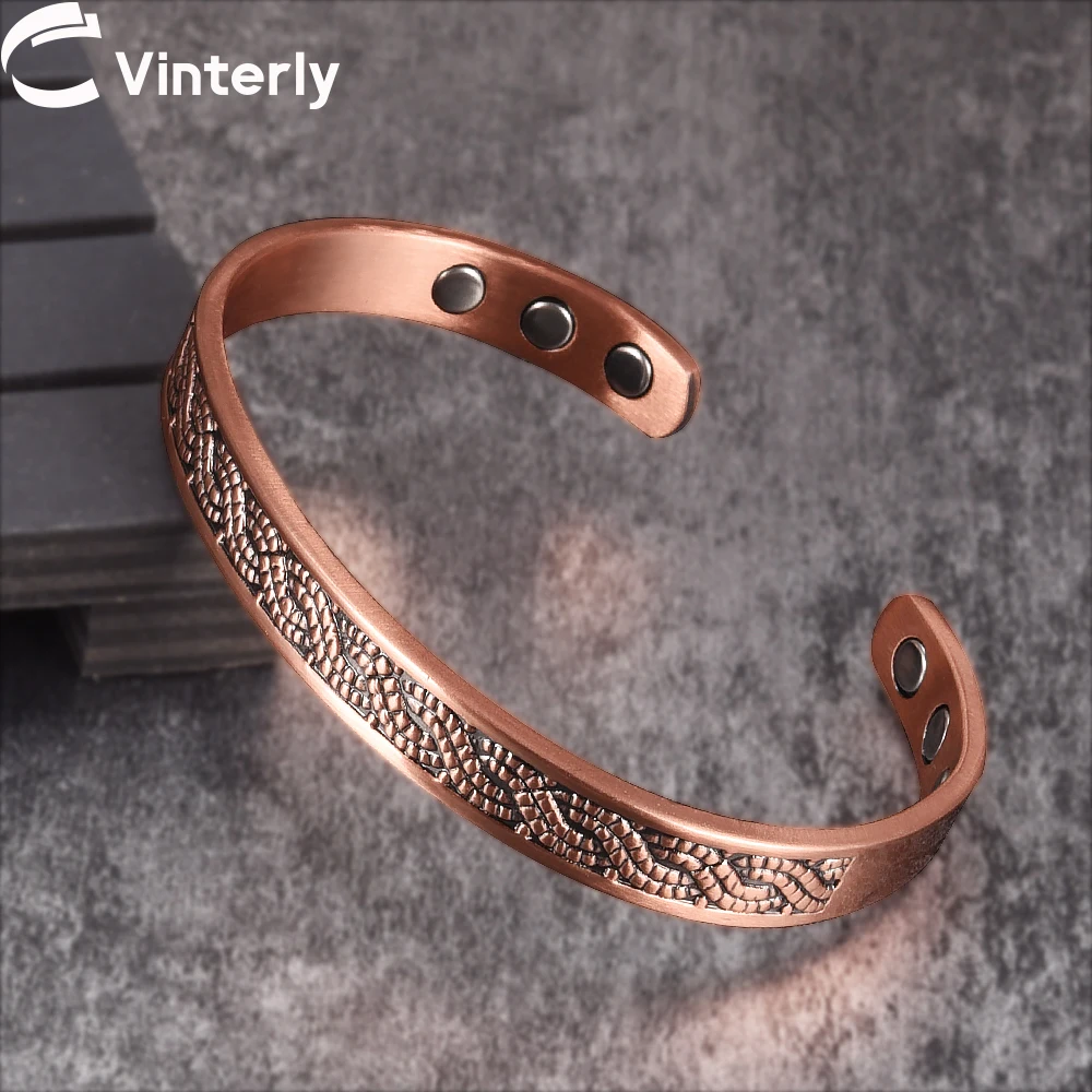 Vinterly Pure Copper Bracelets Magnetic Adjustable Vintage 8.5mm Wide Open Cuff High Magnet Energy Bangles Resizable Jewelry