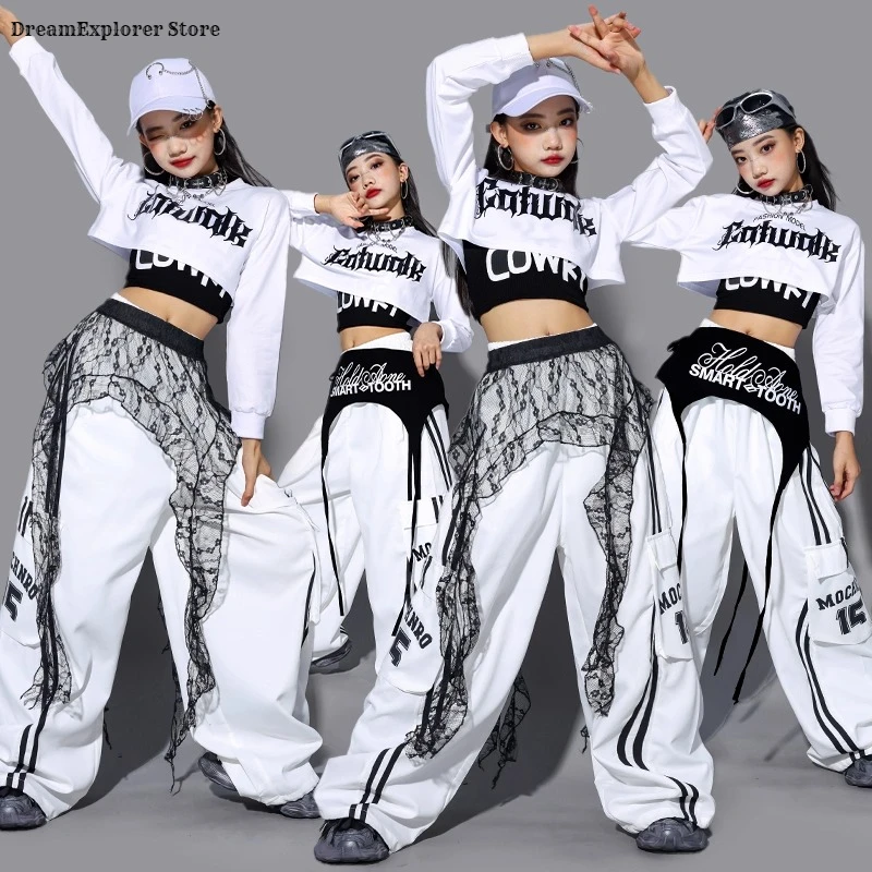 Girls K-pop Letters Crop Top Cargo Pants Children Streetwear Girl Group Costume Kids Hip Hop Street Dance Jazz Teen Clothes Sets