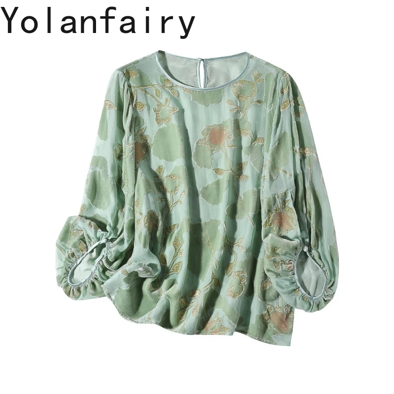 

YOLANFAIRYReal Mulberry Silk Бархатная блузка для женщин Осенние высококачественные женские топы Блузки Элегантные футболки Женская одежда