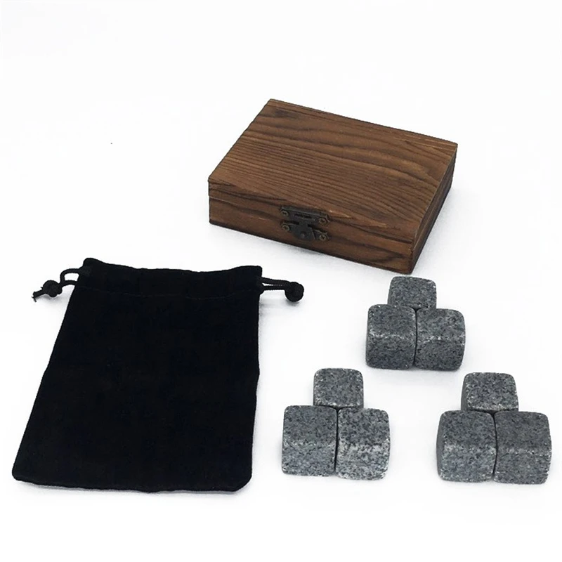 9-Piece Whisky Stones Set Marble Ice Cubes Granite Wine Coolers Bar Accessories Wooden Box Gift Set Whisky Cooler Ice Stones