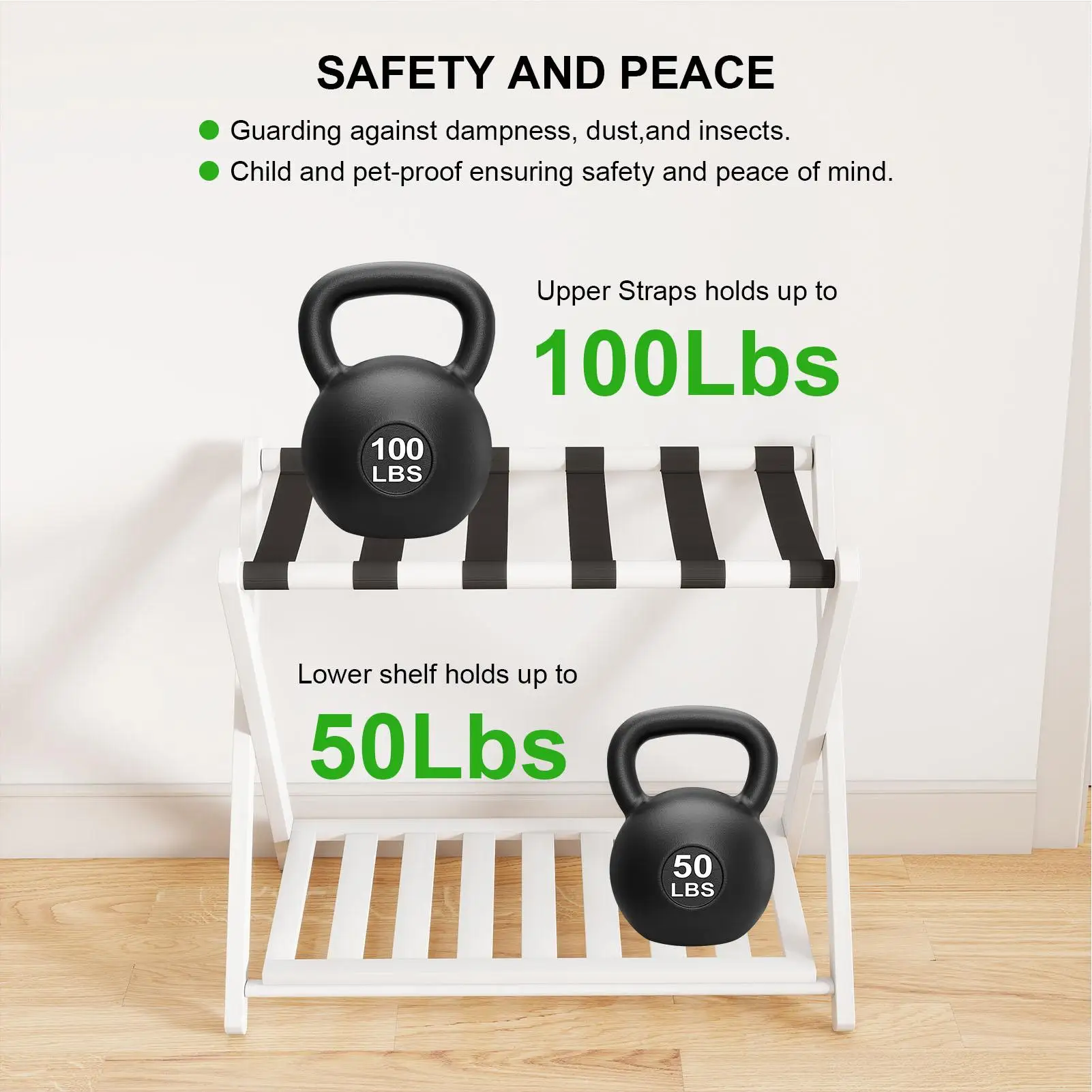 

Luggage Rack Foldable Thickened Wood Suitcase Stand with Storage Shelf for Hotel Bedroom Guest Room White