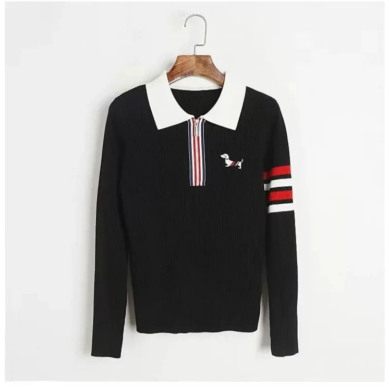 

Bow Lapel Pullover Sweater College Style Long-sleeved POLO Shirt Autumn and Winter Top