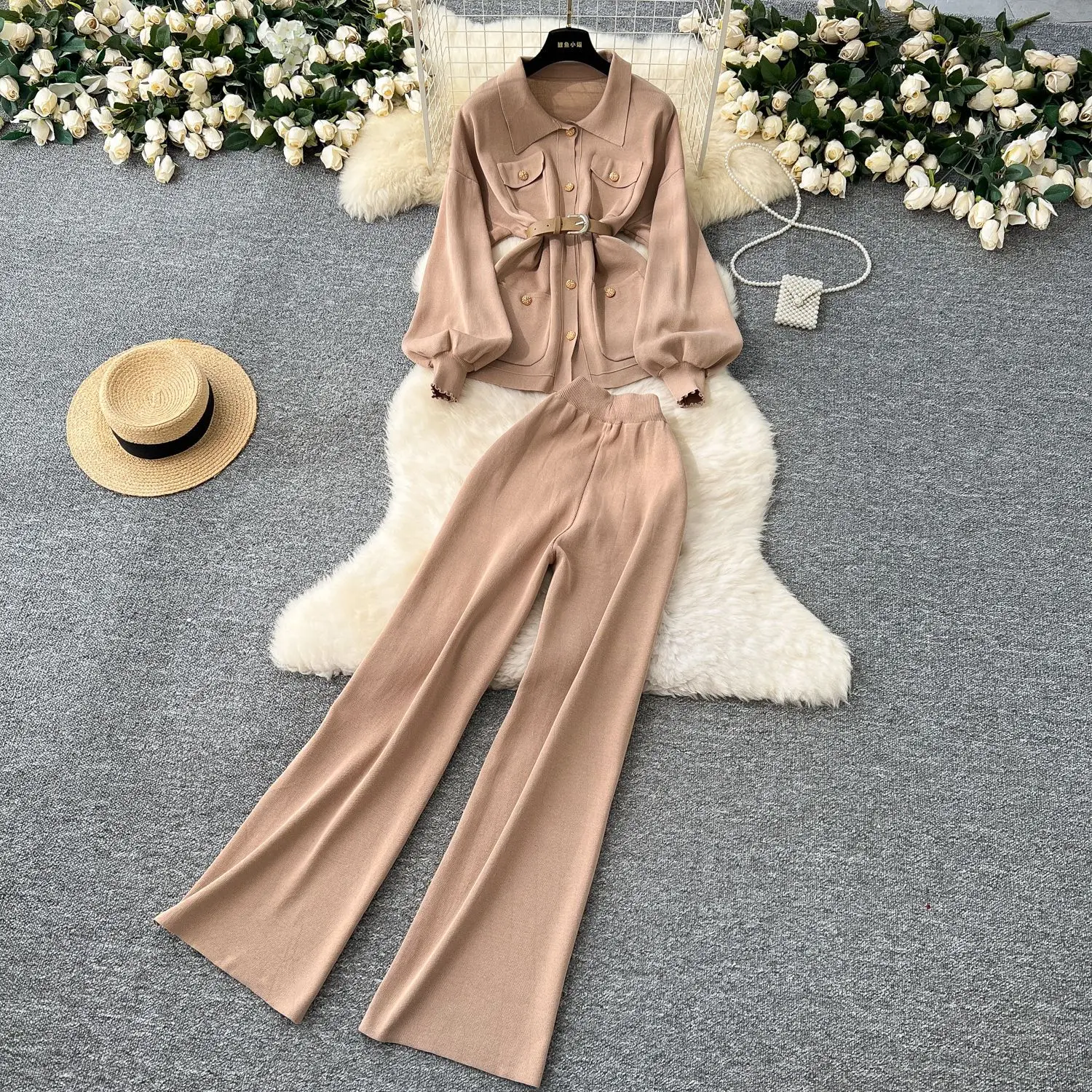 

Pant Set Women Two Piece Sets Turn Down Collar Matching Sets High Waist Belt Knitted Tops Wide Leg Long Pants Elastic Waist