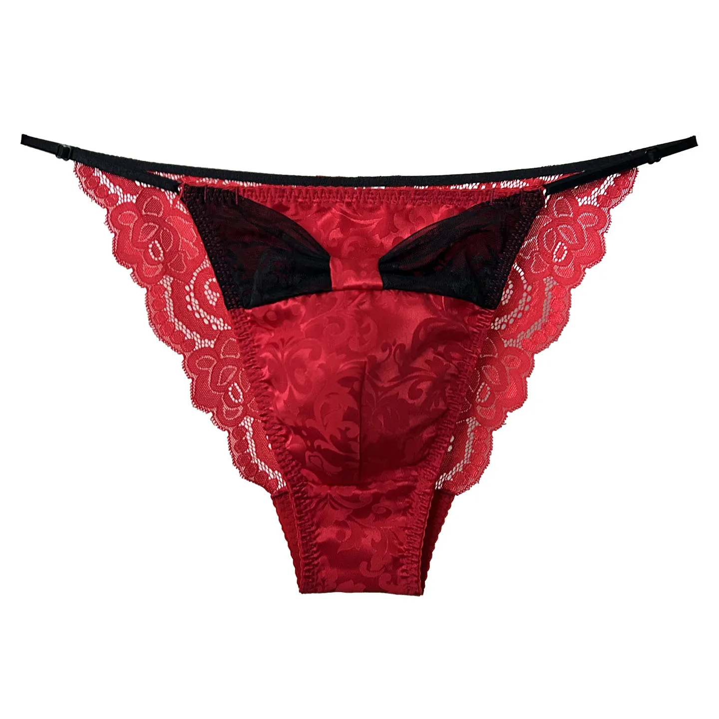 Man's Bowtie Wine Red 100% Silk Brief Panties Lace Design BF Gifts FKK Party Live Show Dance Costumes Harajuku Thai