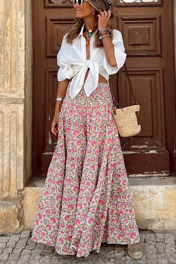 SimpleFun Faldas Largas Para Mujer, Estilo Bohemio, Floral, Cintura Alta, Dobladillo Asimétrico, Falda Midi, Floral9, XL