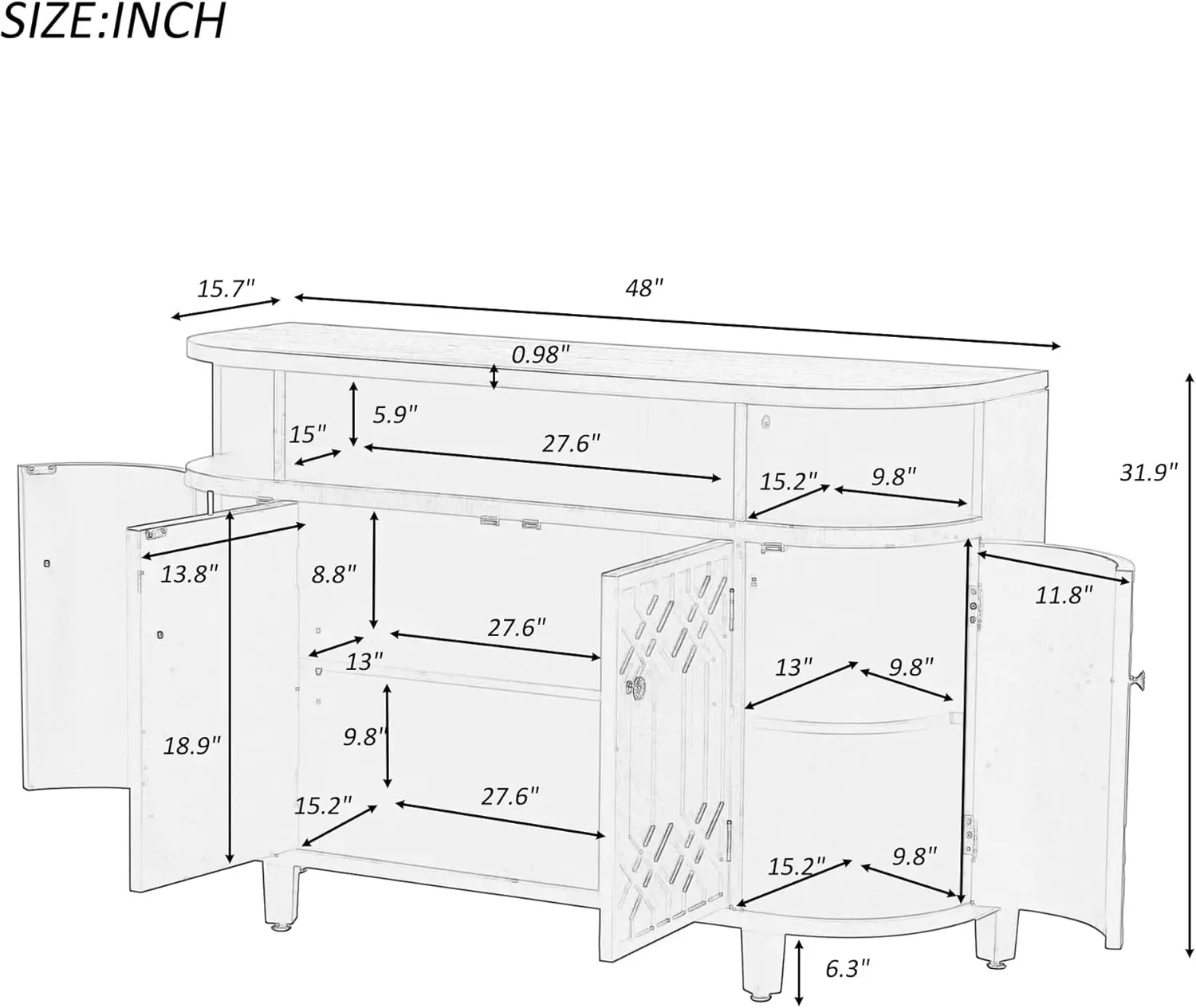 Amposei-Armoire d'appoint incurvée avec portes réglables, buffet de rangement en bois, console de planche, table, café-bar, 48"