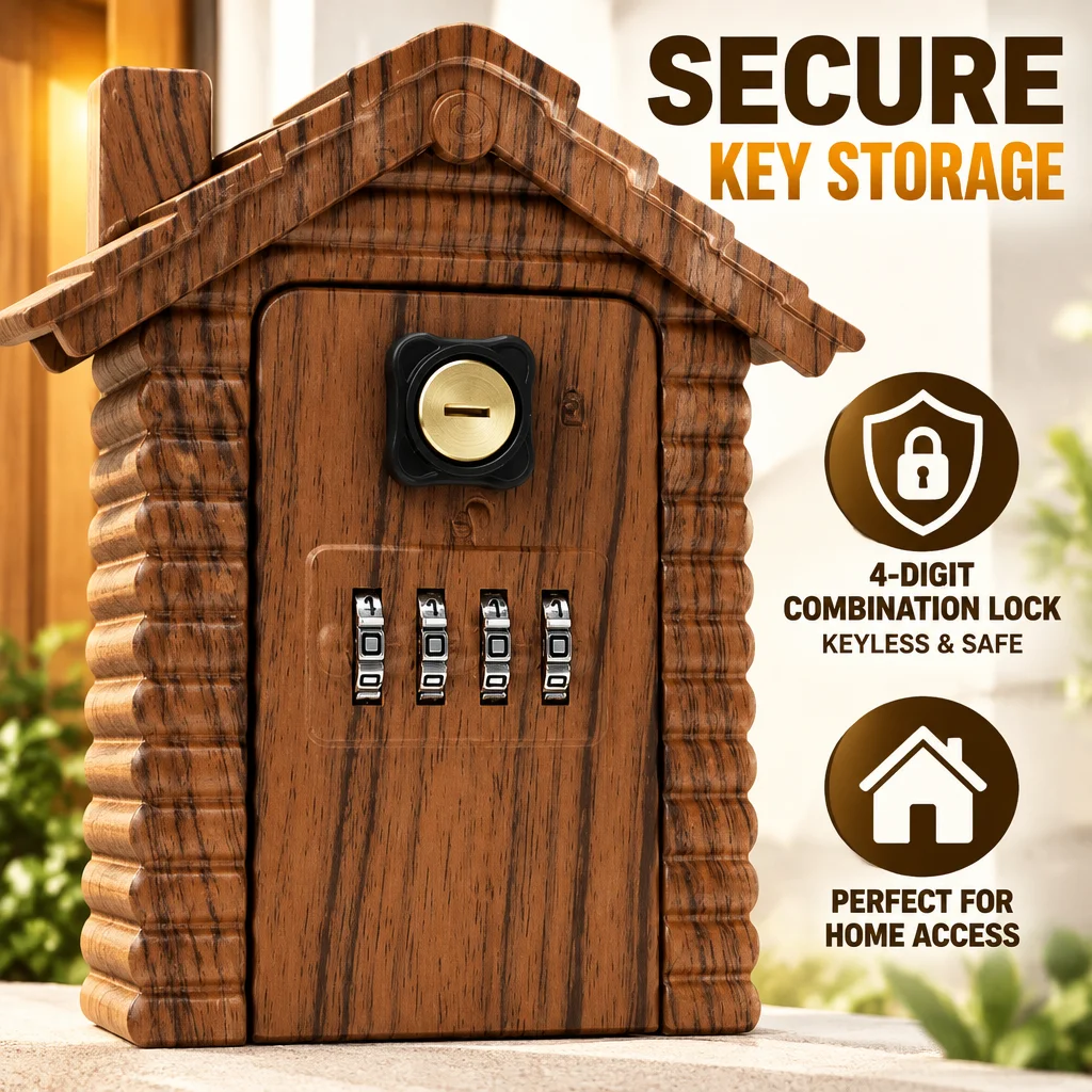 Wood Grain Outdoor Key Lock Box, Wall-Mounted 4-Digit Combination Lockbox for Keys, Medication, Phone & Thermostat,with 3 Keys