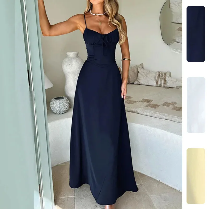 

2026 Spring New Women's Fashionable Sexy Dress with Tie-Waist A-line Solid Color Suspender Dress Vestidos De Fiesta