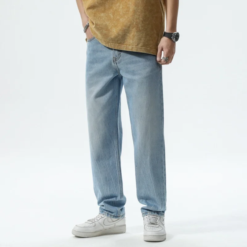 2024 spring and summer new light blue watermark vintage washed casual versatile cleanfit straight pants loose men's jeans