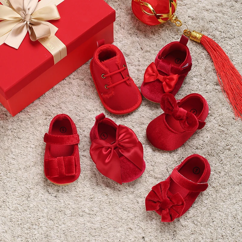 Red Newborn Baby Shoes Baby Girl Shoes Cute Classic Bowknot Rubber Sole Anti-slip PU Dress Shoes First Walker Toddler Crib Shoes