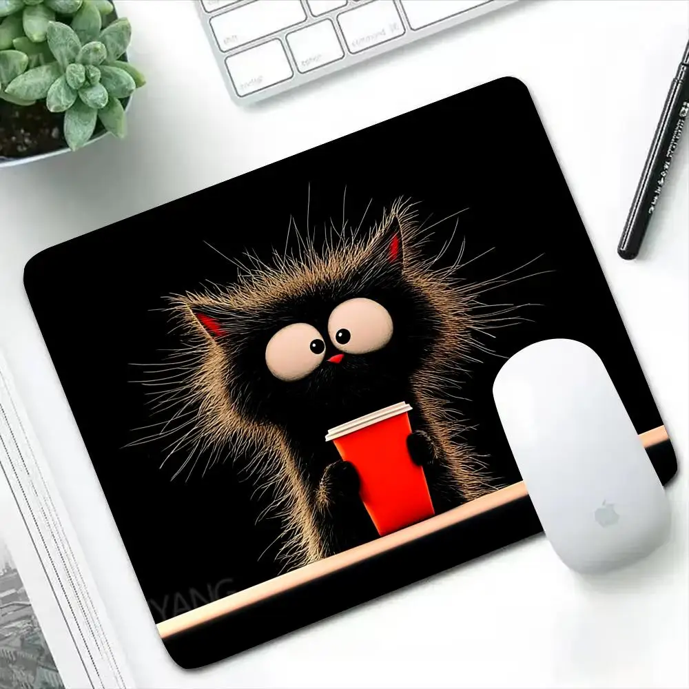 Fun Black Cat Hot Drink Printed Mouse Pad Square Office Game Computer Table Mats HD Rubber Anti-slip Mousepads Small Desk Pads