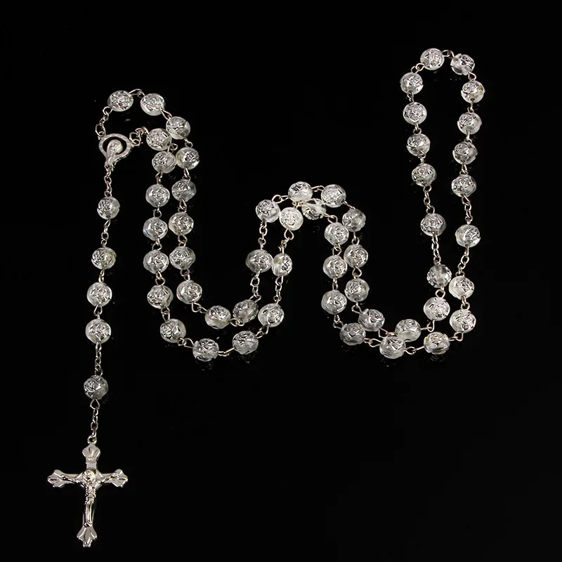 حبات المسبحة الكاثوليكية الصليب قلادة سلسلة طويلة هدية مجوهرات مريم الصلاة