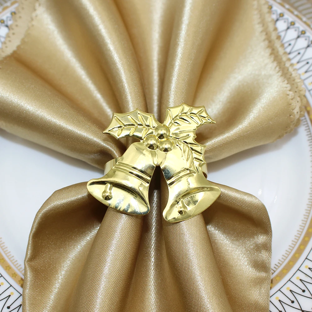 12Pcs Gold Christmas Jingle Bell Napkin Rings Bows Napkin Holder Metal Napkin Buckle for Wedding Christmas Party Table Decor