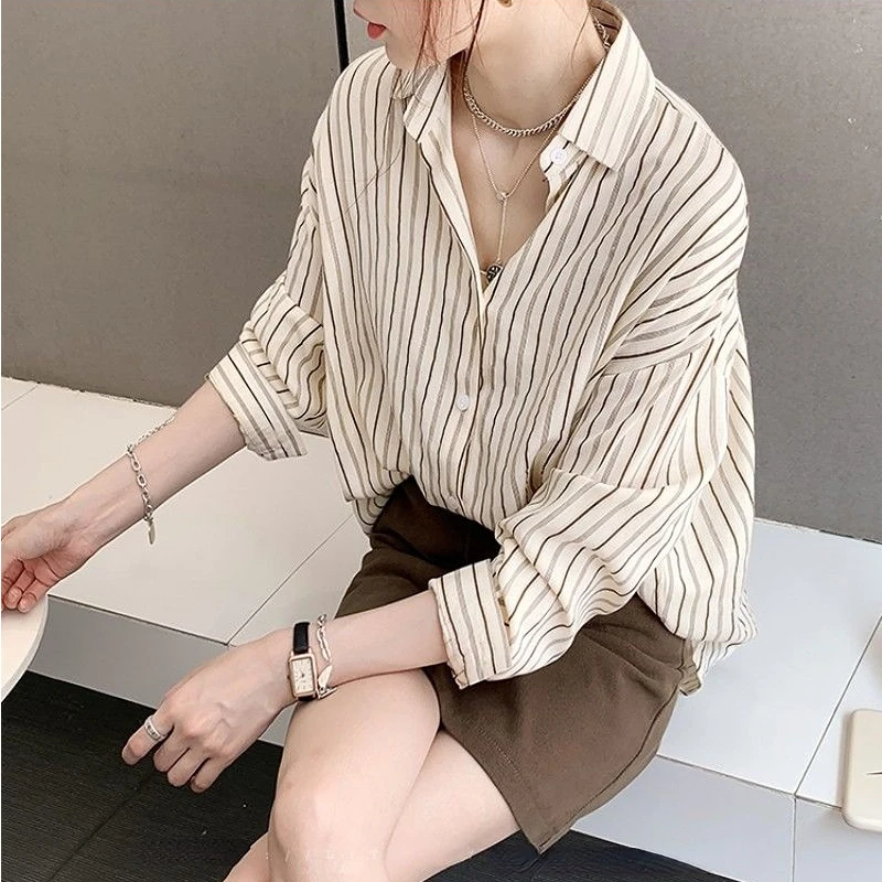 Shirts Women Striped Straight Cool Basic Retro Design All-match Streetwear Casual Gentle Chic Korean Style College Mujer Spring