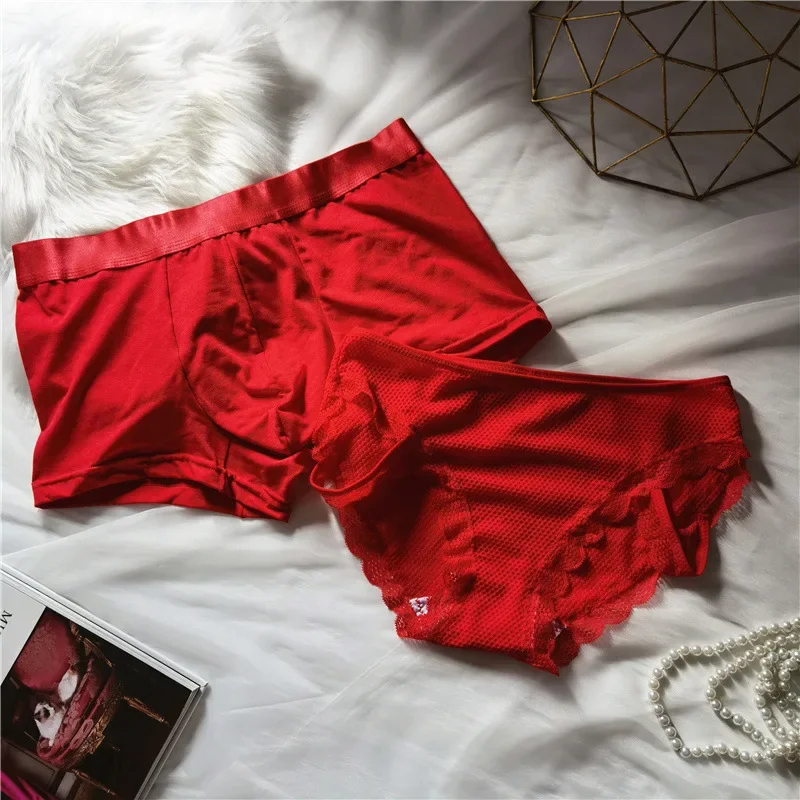 2Pcs Men and Women\'s Red Boxer Shorts, Underwear For Couples, New Year Red Panties, Sexy Woman Briefs