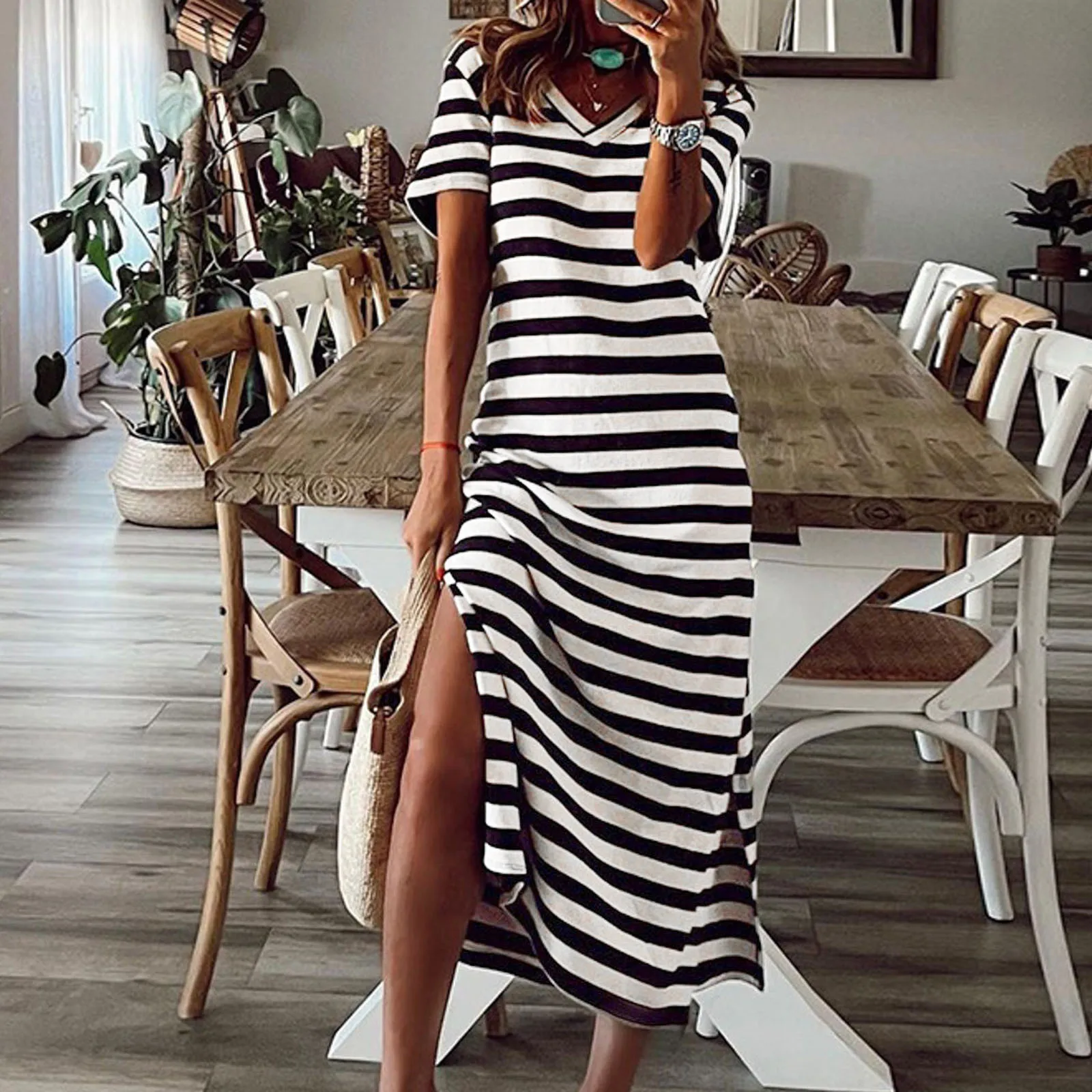 

Women Maxi Dress Elegant Daily Ladies Summer Stripe Short Sleeve V Neck Casual Loose Long Beach Split Dress Boho Leisure Dresses