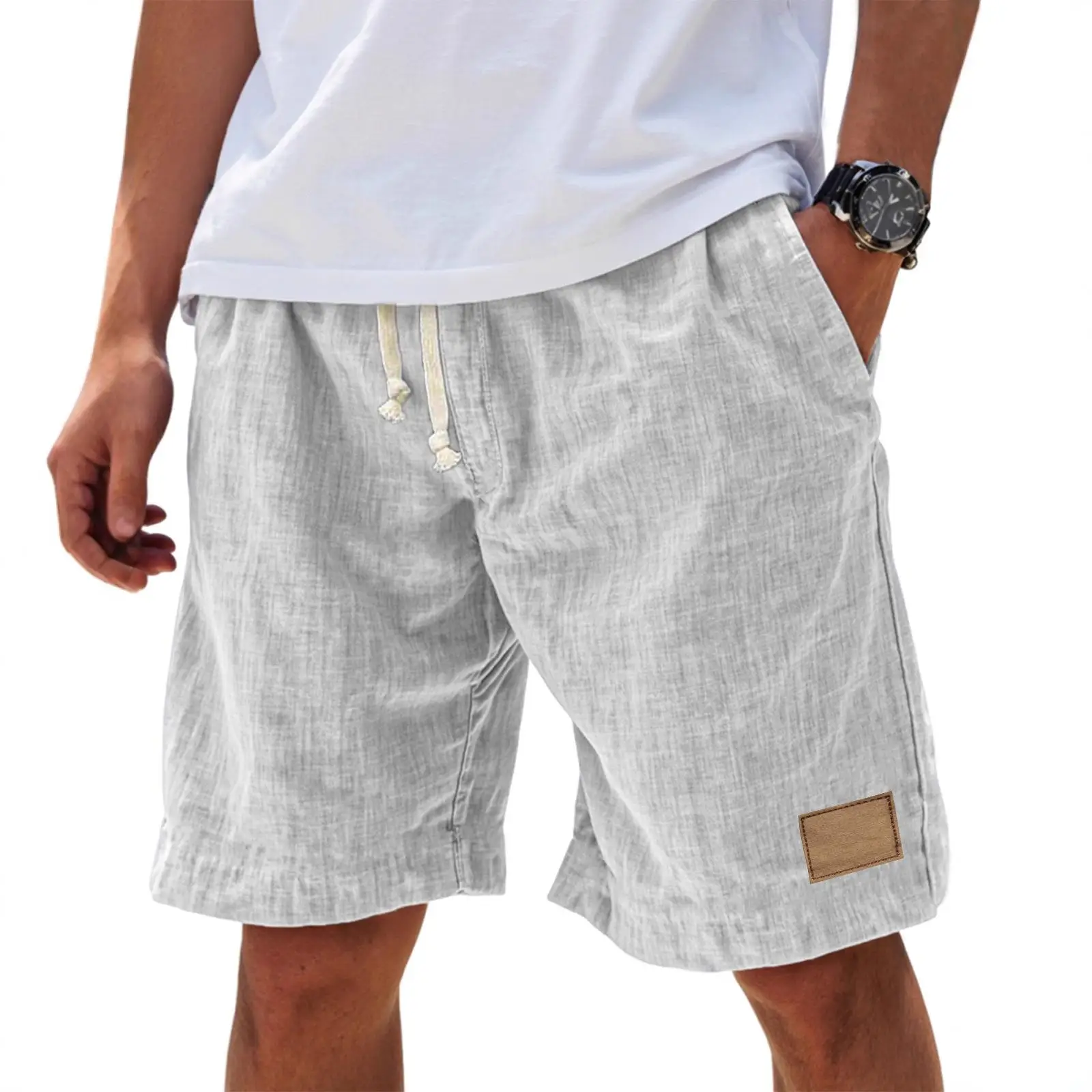 

Thin Material ket Leather Label Imitation Linen Pants Loose Fit Five Inch orts Polyester Fiber Sport Sle Khaki Color