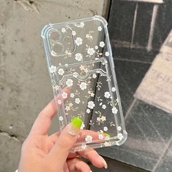 Floral Pattern Clear Phone Case For iPhone 16 15 Pro Max 14 13 12 11 XS XR XS 7 8 Plus SE3 Wallet Card Bag Lens Protection Cover