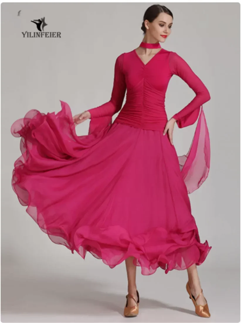 

Lin Feier's modern dance dress -50 national standard dance dress, waltz dance dress, chiffon large swing dress, performance dres