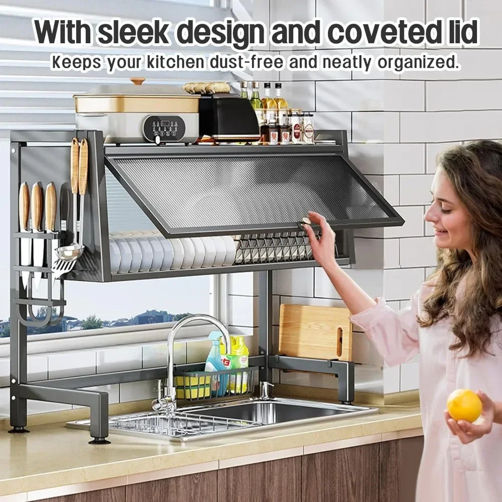 Over The Dish Drying Rack with Cover Over Sink Dish Rack Keep Kitchen Sink Shlef Organized Space-Saving Sink Drying Rac