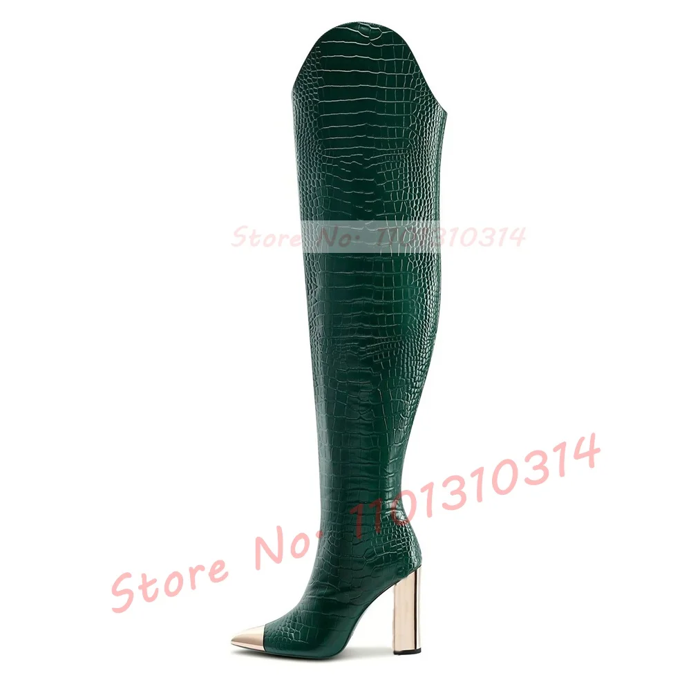 Pointy Gold Toe Croc Long Boots Women Sexy Leather Splicing Gold Thick High Heels Zipper Boots Ladies Winter Thigh High Shoes