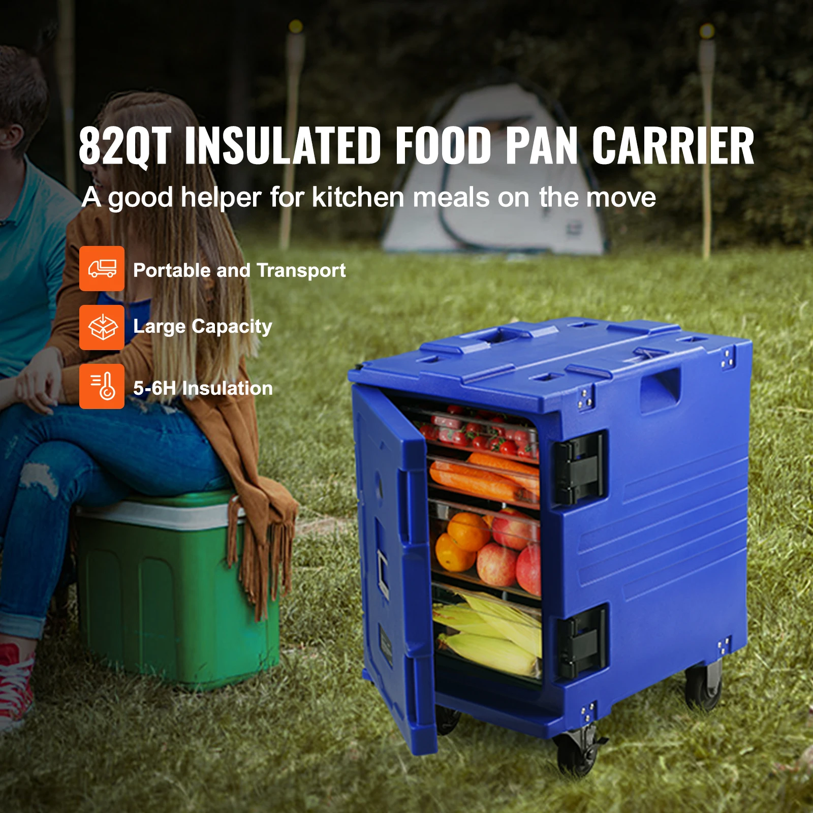Insulated Food Pan Carrier, 82 Qt Hot Box for Catering, LLDPE Food Box Carrier with One-Piece Buckle, Front Loading Food Warmer with Handles, End Loader with Wheels for Restaurant, Canteen, etc.