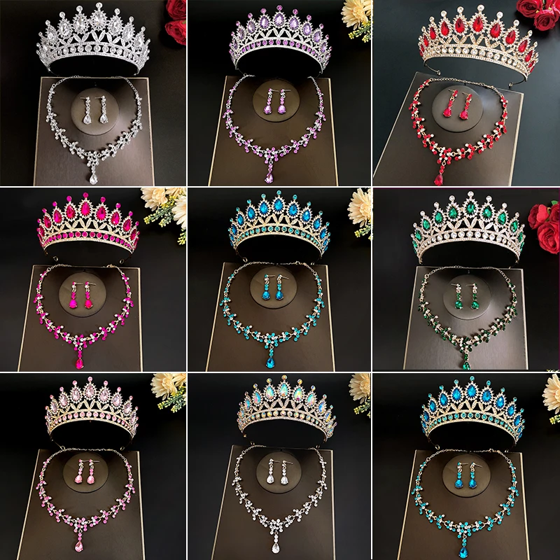 3 teile/satz Barock Kristall Braut schmuck Strass Diademe Krone Halskette Ohrring für Braut Frauen Hochzeit Schmuck Set Geschenk