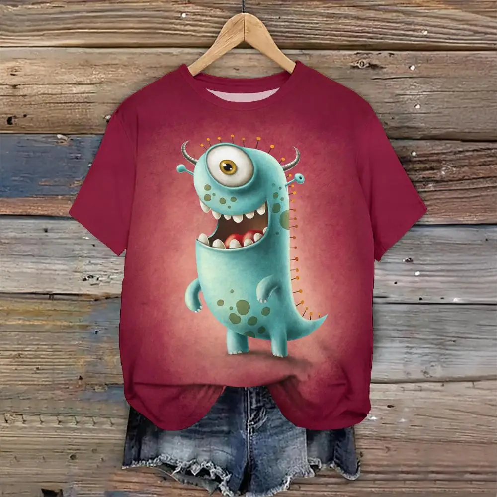 

3D Cute Monster Print Summer New Women's T-shirts Fashion Street Short Sleeves Tees Casual Loose Female Clothing Pullover Tops