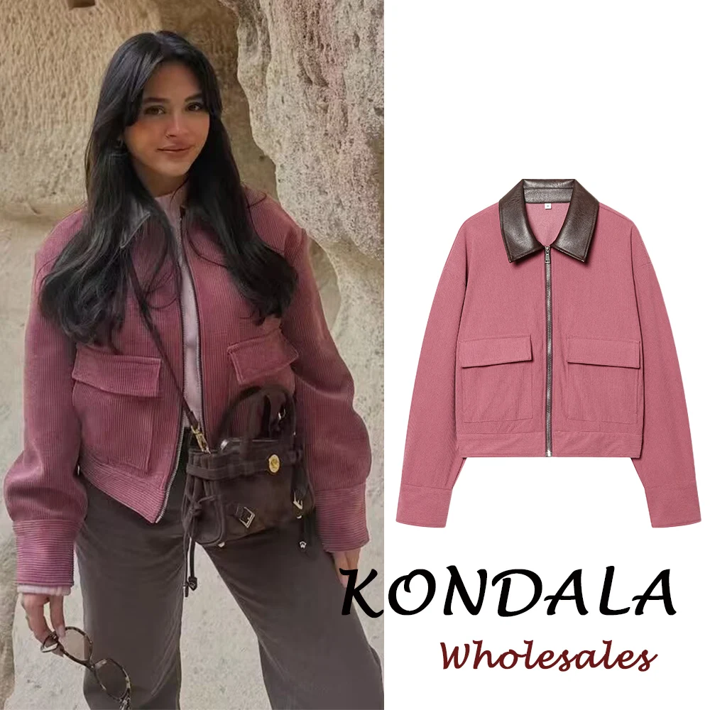 KONDALA Vintage Patchwork PU-Jacke mit Umlegekragen für Damen, Streetwear-Mode 2025, Reißverschluss, High-Street-Chic, Taschen, Coole Oberbekleidung