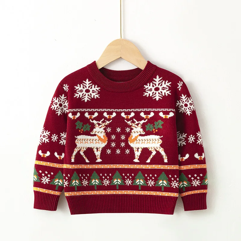 2023 Christmas Print Sweater Boys Girls Knit Pullover Cotton Clothes Autumn Winter Xmas Kids Slouchy Soft Wool Clothing Knitwear