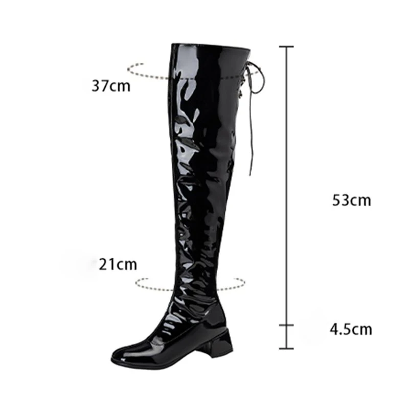 ORCHA LISA مثير لامعة فوق الركبة أحذية الفخذ حجم كبير 44-46 4.5 سنتيمتر كتلة الكعوب سستة الدانتيل متابعة موضة بوتا للحزب والتاريخ #3