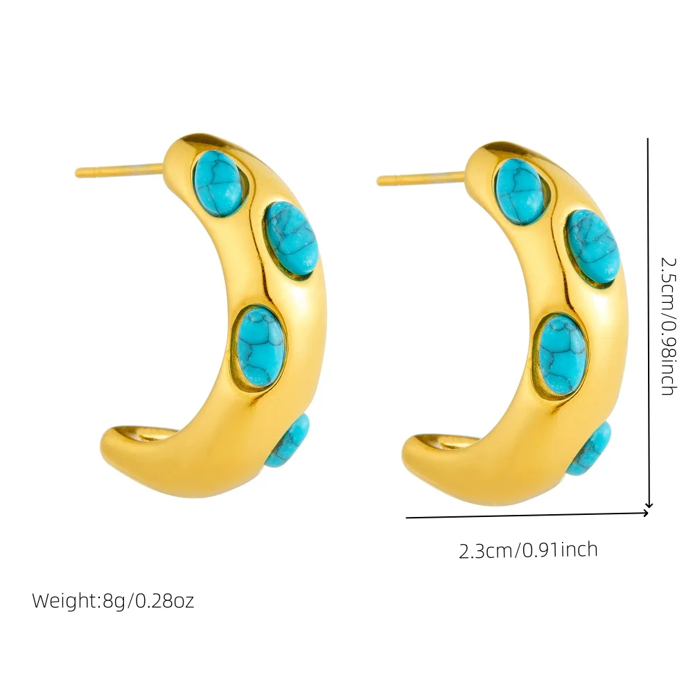 DIEYURO 316L Stainless Steel Golden Elliptical Inlaid Turquoise Pendant Necklace Earrings Ring Set Womens Fashion Jewelry Gift