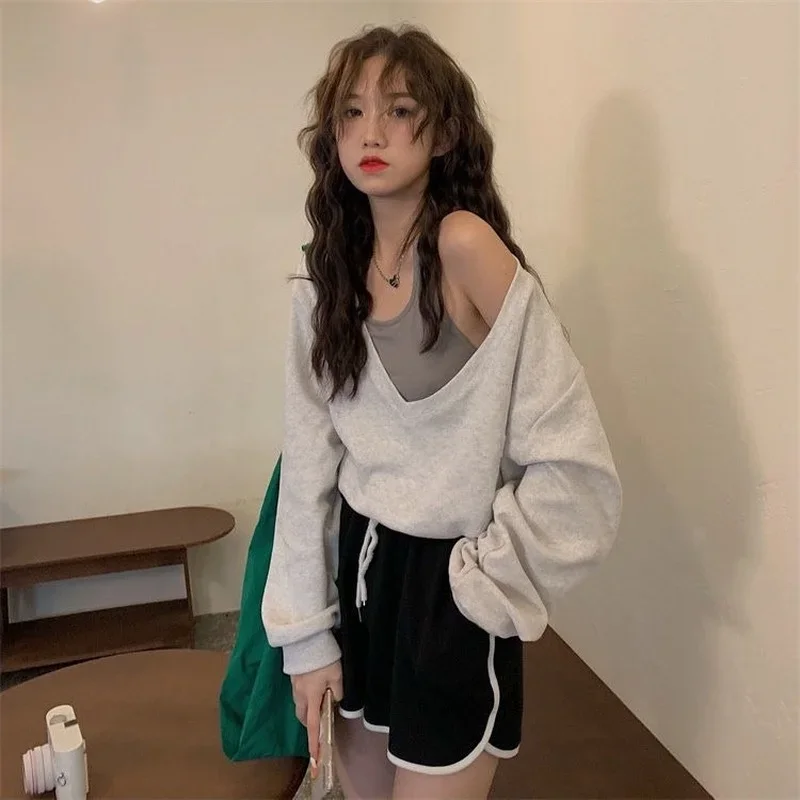 Fall Sweatshirt Women Harajuku Chic Ins Fake Two Piece Street Teens Outerwear Popular All-match Sexy Long Sleeve Cropped Clothes